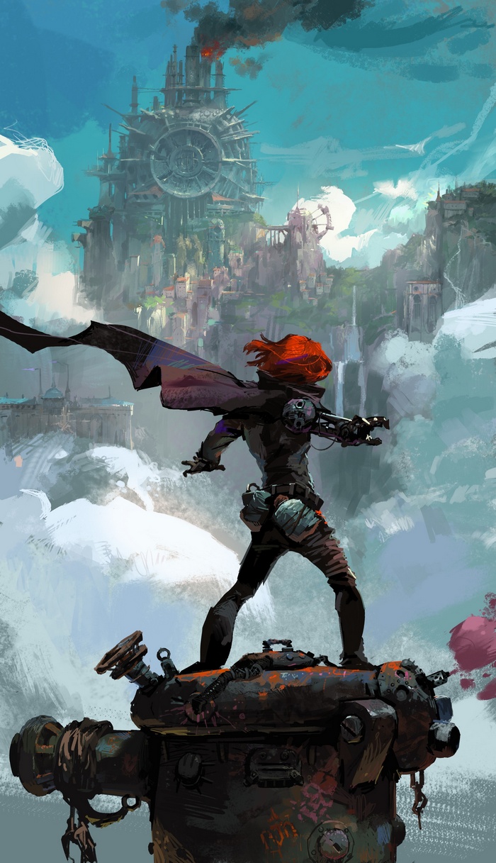 Fantasy art of a woman with red hair and a steampunk city