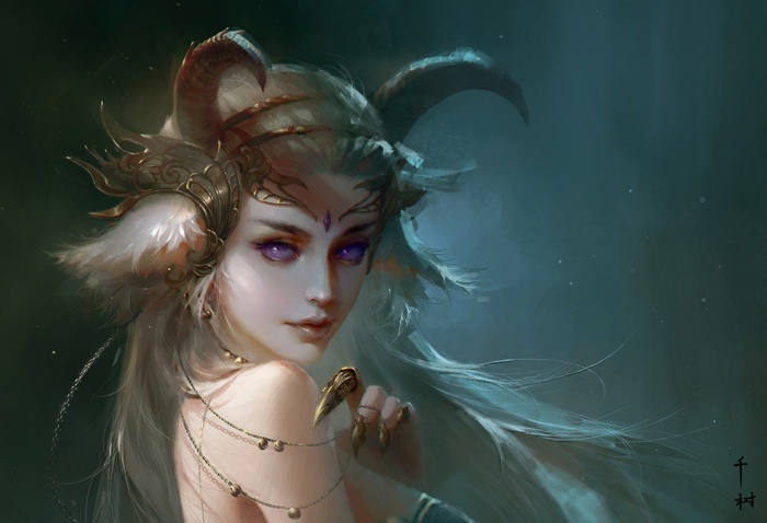 Fantasy art of a woman with horns and purple eyes