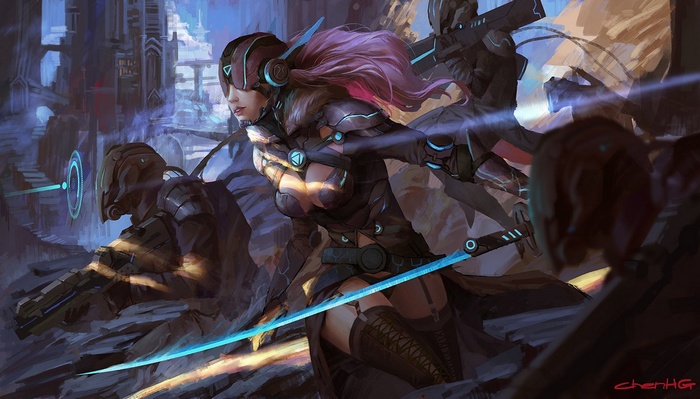 Cyberpunk warriors with swords and guns in a futuristic city