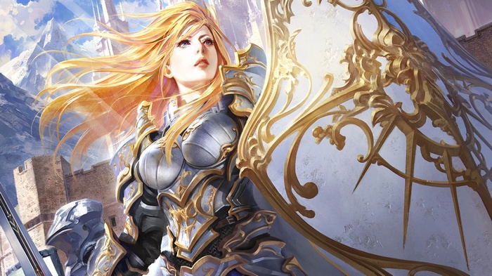Fantasy art of a female knight with a shield