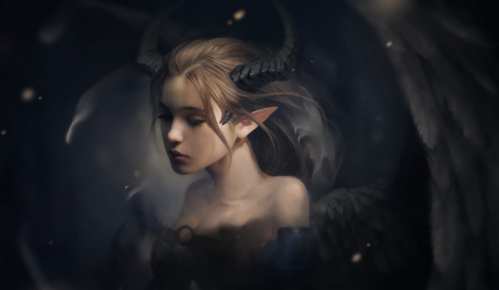 Fantasy artwork of a woman with horns and wings