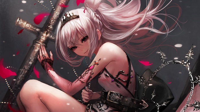 Anime girl with white hair and crown near a cross