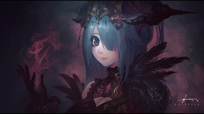Fantasy art of a girl with blue hair and horns