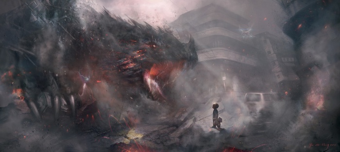 A child faces a giant dragon in a destroyed city