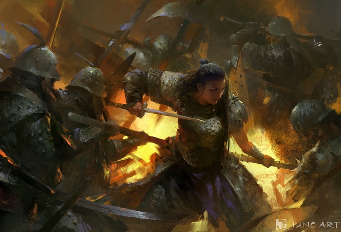 Fantasy warriors in battle with swords and armor