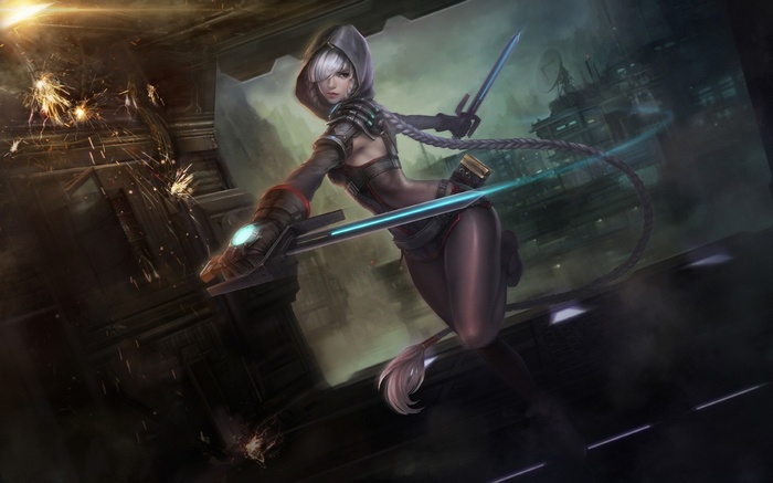 Futuristic assassin with swords in a dark city