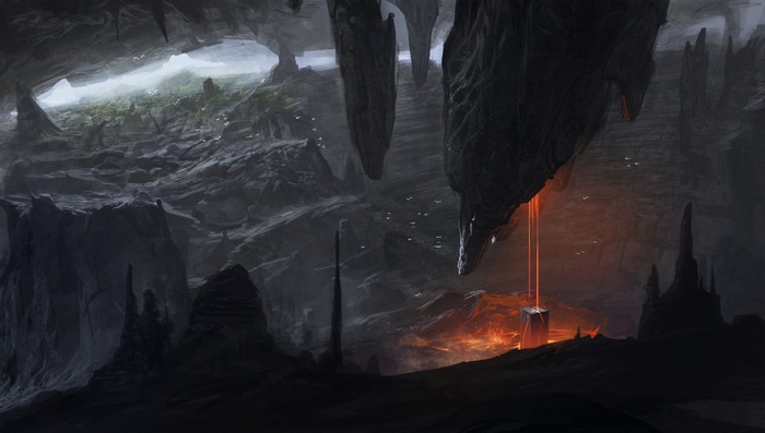 Science fiction artwork of a cave with lava