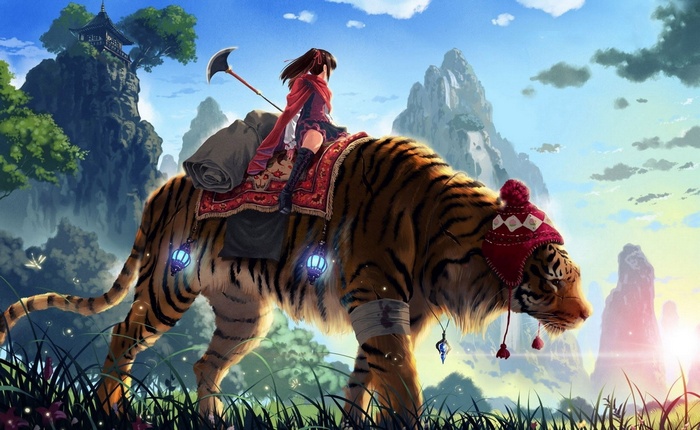 Anime girl riding a tiger in a fantasy landscape