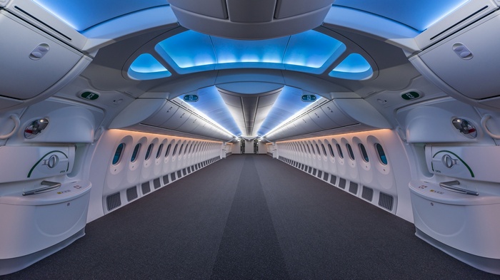 Interior of a Boeing 787 airplane cabin