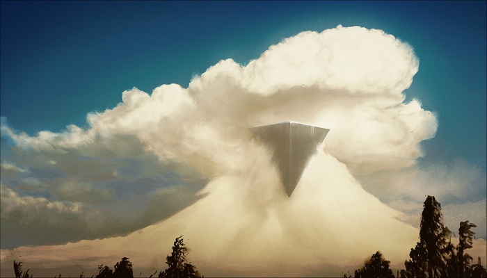 A triangular object emerges from a cloud formation