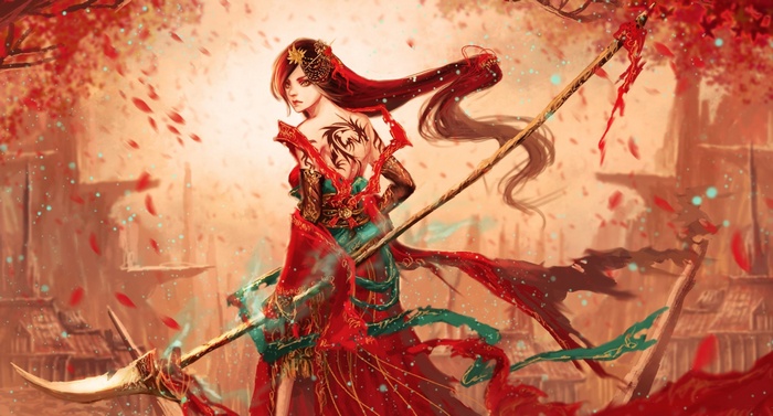 Fantasy warrior woman with dragon tattoo and scythe