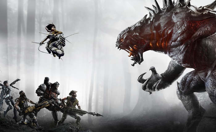 Mikasa Ackerman and soldiers fight a monster