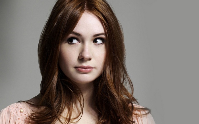 redhead, pink lipstick, long hair, looking away, simple background, actress, closeup, Karen Gillan