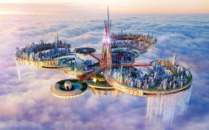 Futuristic floating city above the clouds