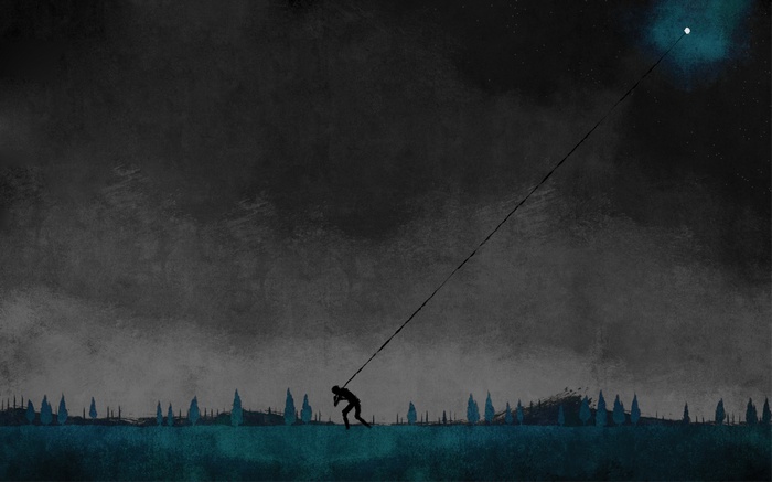 Silhouette pulling a rope towards a bright light in the sky