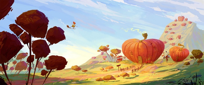 Fantasy art of a pumpkin village with flying figures