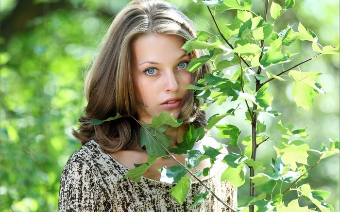 branch, blue eyes, leaves, face, portrait, MPL Studios, women, photography, blonde, Tamara, plants, nature