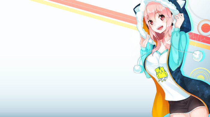 Super Sonico wearing headphones and a hoodie