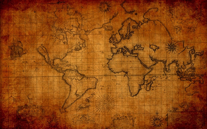 Old world map with compass roses and sailing ship