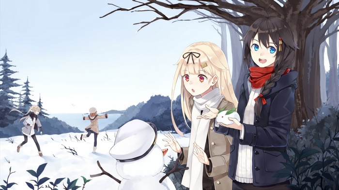 Kantai Collection girls building a snowman in winter