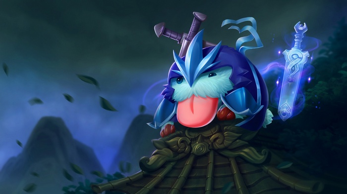 Shen Poro with a glowing sword on a roof