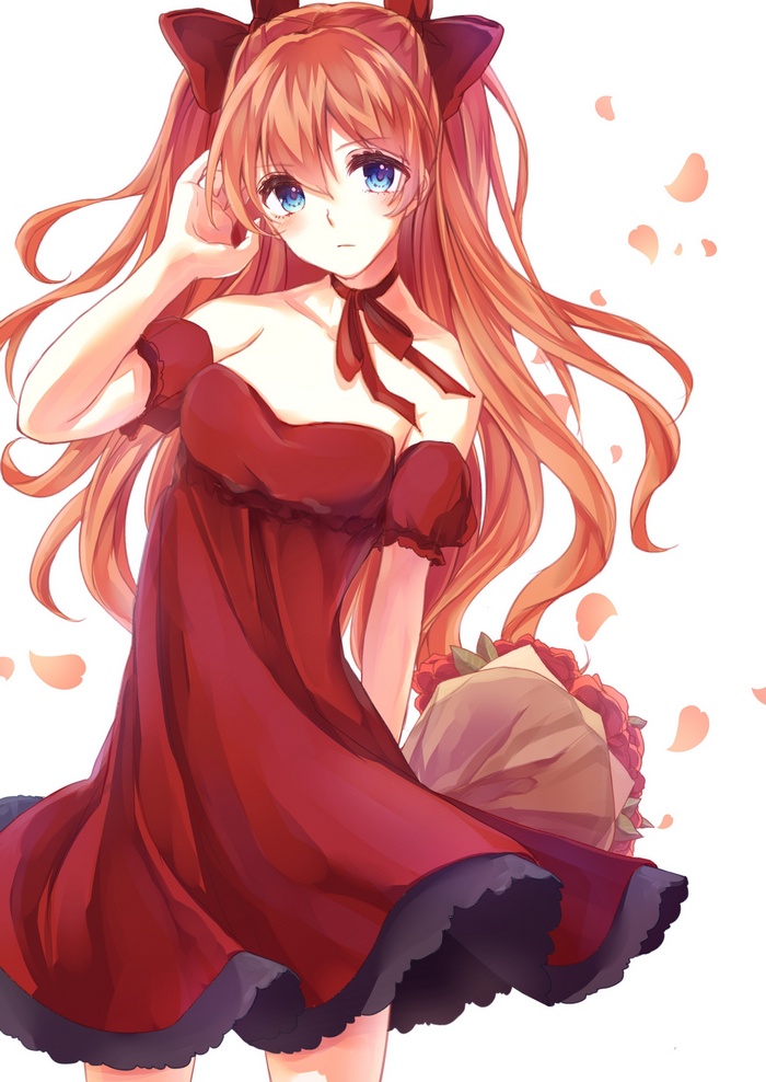 Asuka Langley Soryu in a red dress with roses