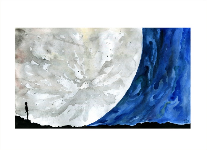 Watercolor illustration of a person looking at the Moon and space