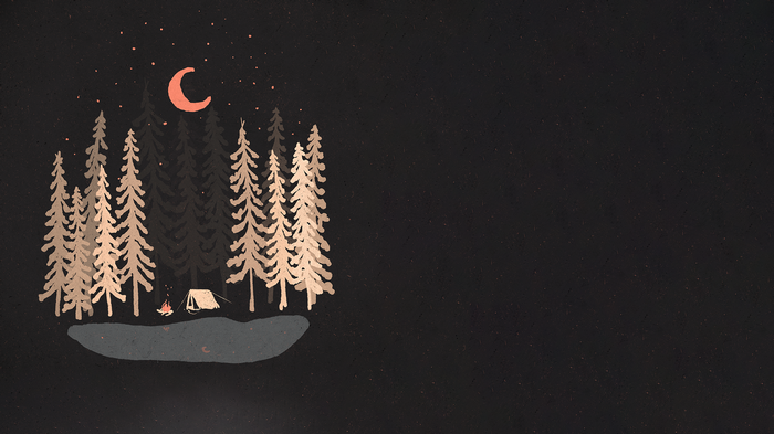 Minimalist night camping scene with moon and trees