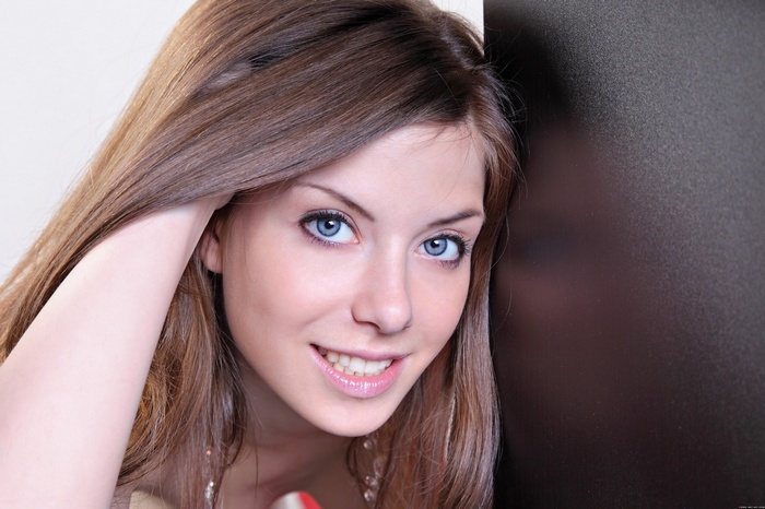 smiling, Anita C, brunette, blue eyes