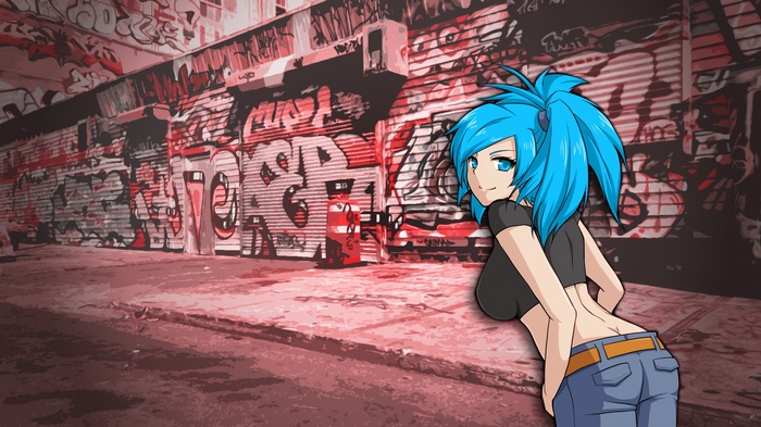 Anime girl with blue hair in front of graffiti