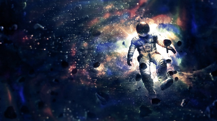 Astronaut floating in a colorful nebula with asteroids