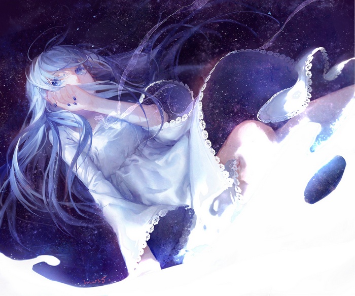 Anime girl with long blue hair in a white dress