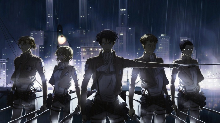 Attack on Titan characters in a city at night