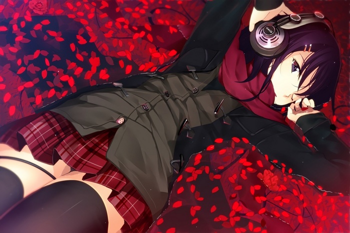 Anime girl with headphones and plaid skirt