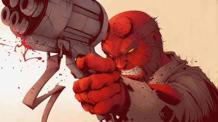 Hellboy holding a large gun