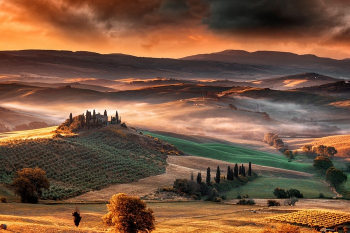 Tuscany Valley with Rolling Hills and Mist at Sunrise
