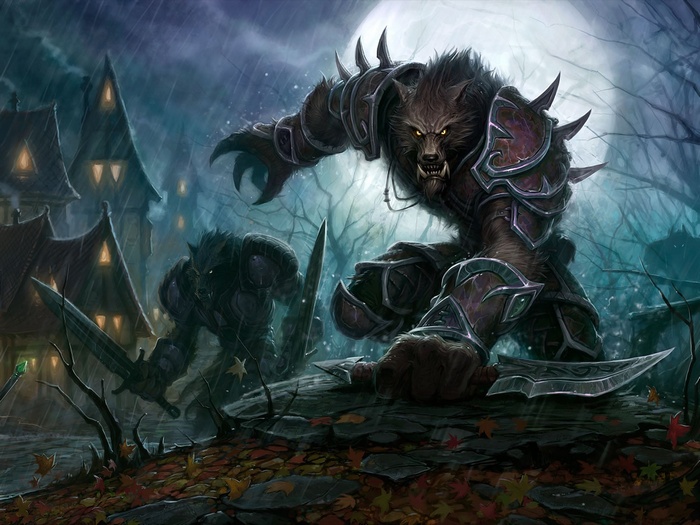 Werewolves in a village during a rainy night