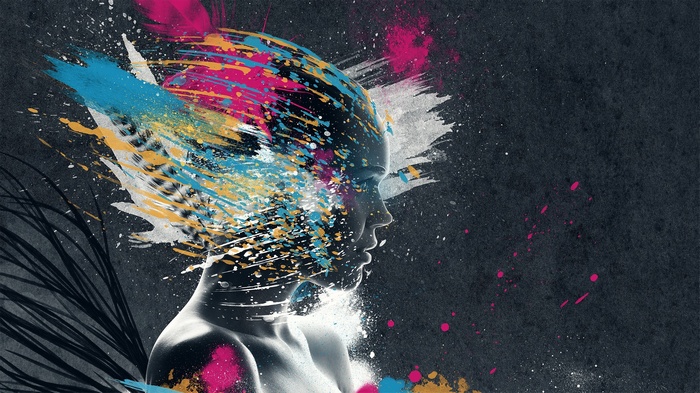 Digital art of a woman's face with colorful paint splatters