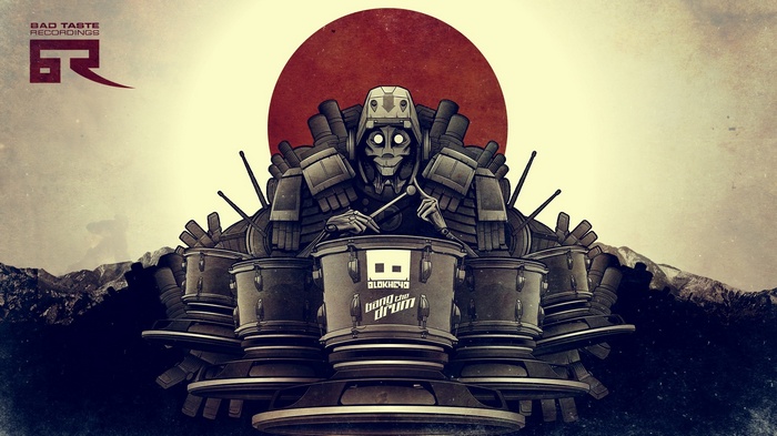 Robot drummer playing drums with Bad Taste Recordings logo