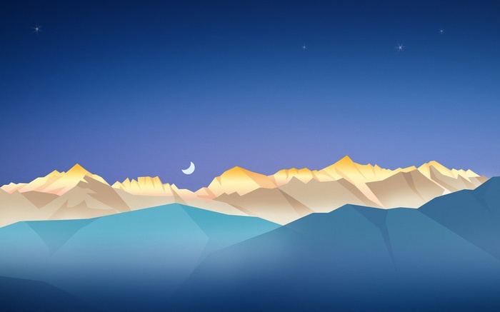 Minimalist mountain landscape at night with moon and stars