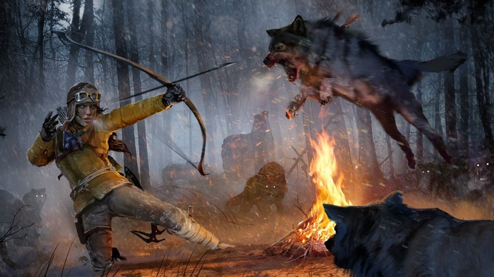 Rise of the Tomb Raider artwork of Lara Croft fighting wolves