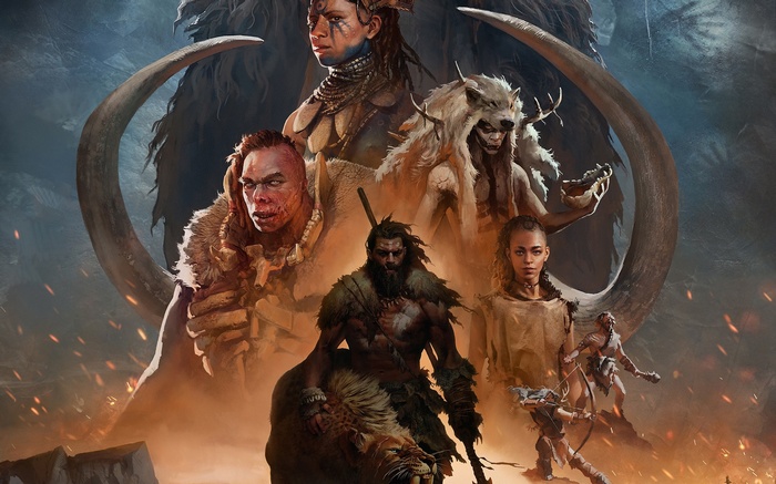 Far Cry Primal artwork with characters and mammoth