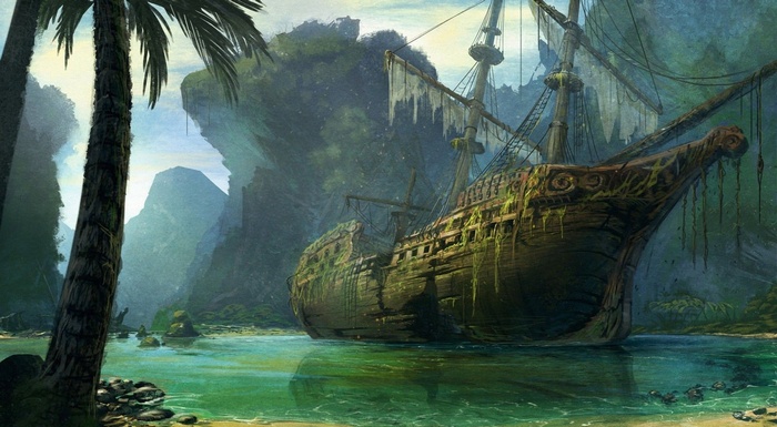 Abandoned pirate ship wreck in a tropical jungle cove