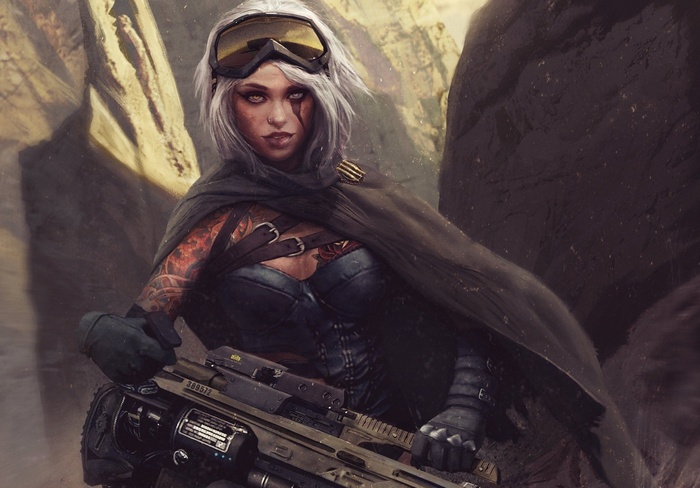 Woman with a gun in a desert landscape