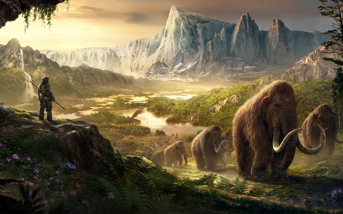Far Cry Primal: Mammoth herd in a prehistoric landscape