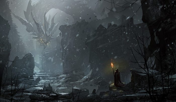 Dragon in a snowy canyon with a wizard