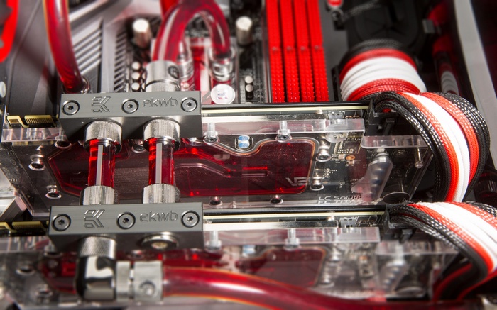 EKWB water cooling components on a computer motherboard