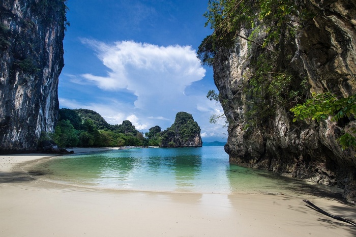 Tropical beach with limestone cliffs and turquoise water in Thailand