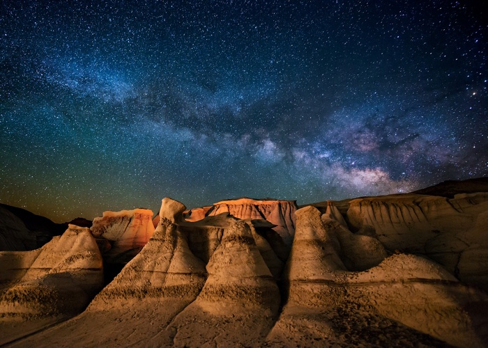 Milky Way over desert badlands in New Mexico