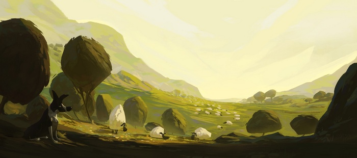A dog watches sheep in a grassy landscape